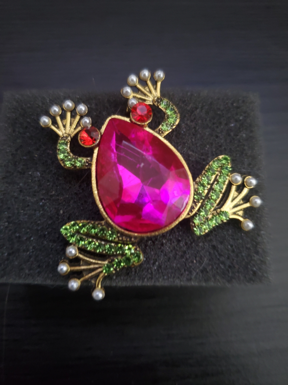 Gold-Tone Frog Brooch with Fuchsia Center and Green Accents